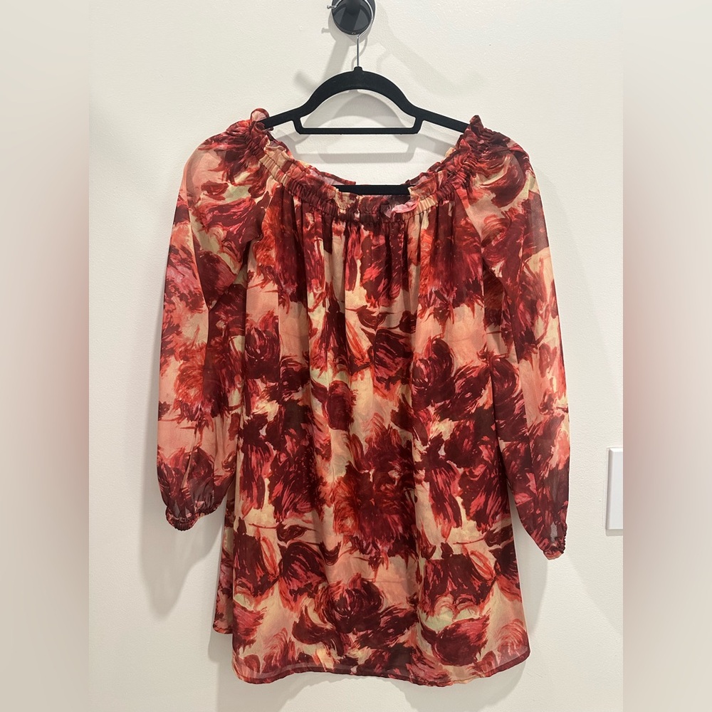 For Love And Lemons Red and Pink Floral Off the Shoulder Dress